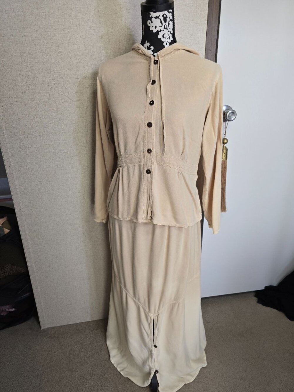 Papillon Beige Hooded Buttoned 2PC Long Sleeve Top and Maxi Skirt Medium Boho